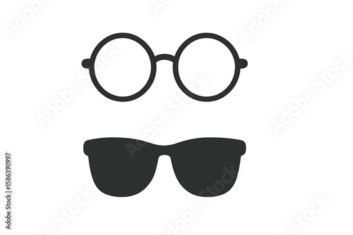 Glasses and sunglasses simple icon set. Black silhouette of retro round nerd eyeglasses and classic shades. Vector illustration for fashion, vision or geek concept.