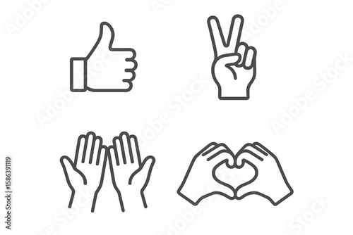 Hand gestures line icon set. Vector pictograms of thumbs up, peace sign, high five, and heart shape. Thin linear illustration for communication, social media, and positive signals.