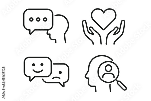 AI emotional dialogue line icon set. Vector pictograms for concepts of conversation, empathy, therapy, support chat, feedback, identity, and understanding.
