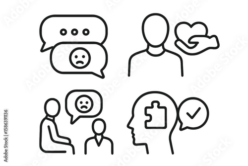 Mental health and psychology line icon set. Therapy session, counseling, empathy, emotional support, problem-solving, and understanding concepts. Vector pictograms.
