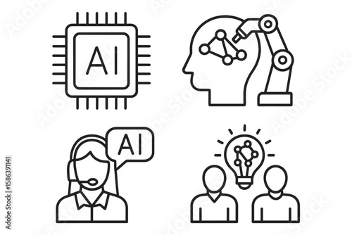 AI in business line icon set. Artificial intelligence vector pictograms for chip, machine learning, neural network, customer service, innovation, and technology concepts.