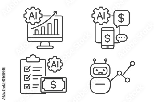AI in finance vector line icons. Fintech technology. Pictogram set of financial analytics, prediction chart, mobile transaction, automation, and chatbot assistant.