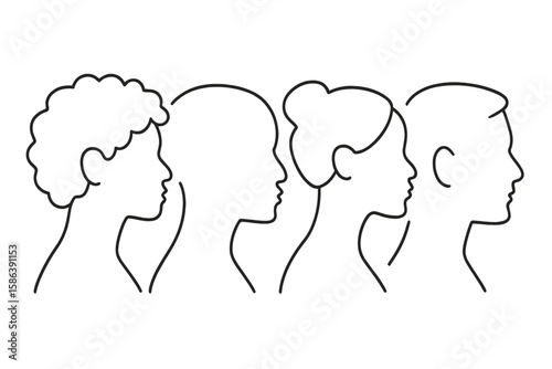 Diverse Female Head Silhouettes Line Art Vector, Multicultural Women Profile Illustration, Psychology Identity Concept, Character Study, Minimalist Outline, Transparent Background, Stock Design