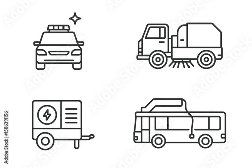 Airport ground support equipment line icon set. Vector pictograms of runway inspection vehicle, sweeper truck, mobile power generator, and passenger shuttle bus transport.