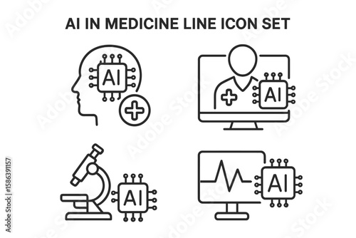 AI in medicine line icon set. Vector pictograms for diagnostics, telemedicine, health monitoring, and clinical support. Artificial intelligence in healthcare technology.