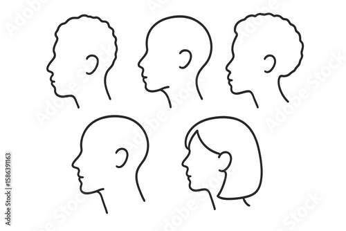Minimalist Line Art Vector Illustration of Diverse Human Head Silhouettes in Profile, Perfect for Psychology, Identity, Character Study, Diversity, and Mental Health Concepts on Transparent Background