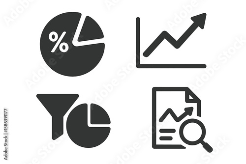 Analytics dashboard glyph icon set. Vector pictograms of percent pie chart, growth graph, trend arrow, filter segmentation, magnify analysis document. Business data signs.