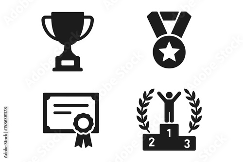 Award and achievement glyph icon set. Vector pictograms of trophy, medal, and certificate. Symbols for winner, success, competition, recognition, and first place honors.