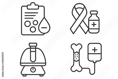 Anemia and blood disorder line icon set. Vector pictograms of blood test, lab centrifuge, bone marrow transfusion, awareness ribbon, and medical supplements for healthcare design.