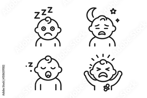 Baby sleep problems line icon set. Infant awake. Toddler exhausted. Yawning sleepless child. Tantrum meltdown. Newborn colic. Night bedtime trouble. Vector pictogram illustration.