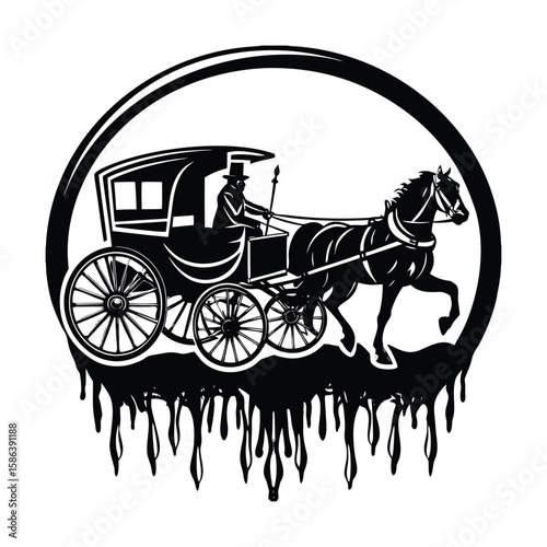 Horse drawn carriage with driver in top hat silhouette