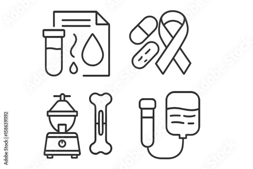 Anemia and blood disorder line icon set. Pictograms of test, droplet, supplement, ribbon, awareness, centrifuge, bone marrow, plasma, transfusion, lab analysis vector icons.