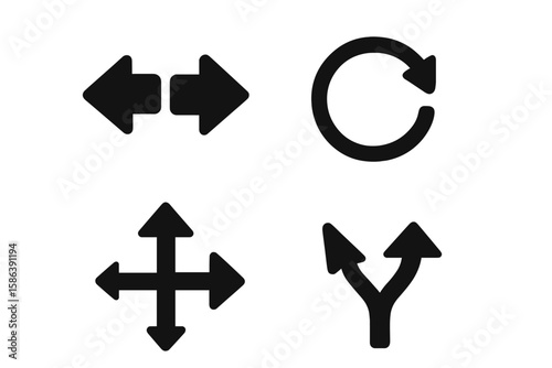Arrows glyph icon set. Vector pictograms for direction, move, pointer, rotate, turn, return. Expand, merge, diverge, and split signs. Black silhouette vector illustration.