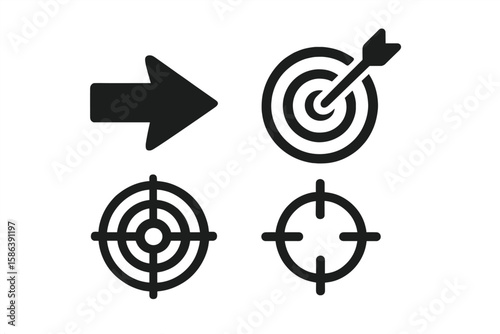 Vector icon set with arrow, target, and crosshairs. Symbols for goal, aim, focus, business strategy, success, and precision. Dartboard with bullseye for marketing concept.