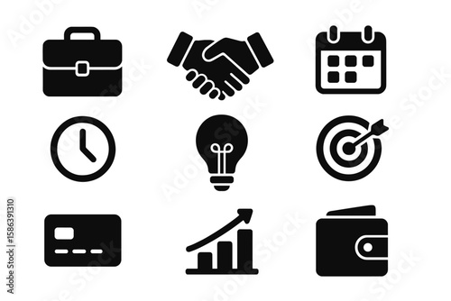 Business and finance glyph icon set. Vector pictograms of briefcase, handshake, calendar, clock, lightbulb, idea, target, growth graph, credit card, and wallet icons.