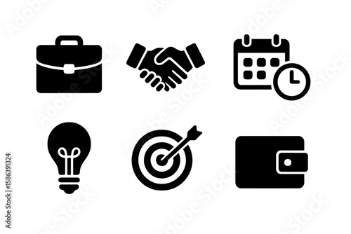 Business vector glyph icon set. Solid pictograms collection includes briefcase, handshake, calendar, clock, lightbulb, target, wallet. Concepts of partnership, idea, goal.