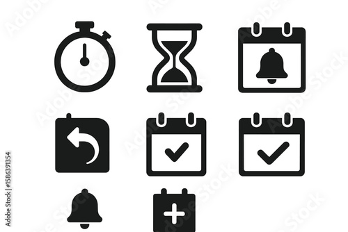 Time and calendar glyph icon set. Vector pictograms for web and mobile apps. Includes stopwatch, hourglass, schedule, appointment, reminder, deadline, and notification icons.