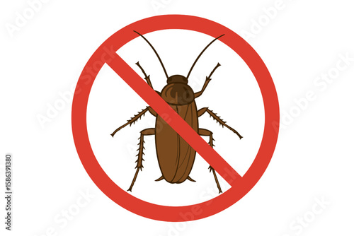 Cockroach pest control warning sign. Stop cockroaches vector icon. Insect prohibition symbol for sanitary and disinfection services. Isolated on white background artwork.
