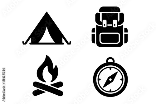 Camping outdoor adventure icon set. Vector glyph pictograms of tent, backpack, campfire, compass. Symbols for hiking, travel, and wilderness exploration. Black silhouette.