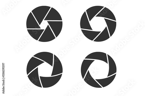 Camera shutter vector icon set. Aperture lens diaphragm symbol collection. Black and white photography logo concept. Focus and exposure graphic element for technology design.