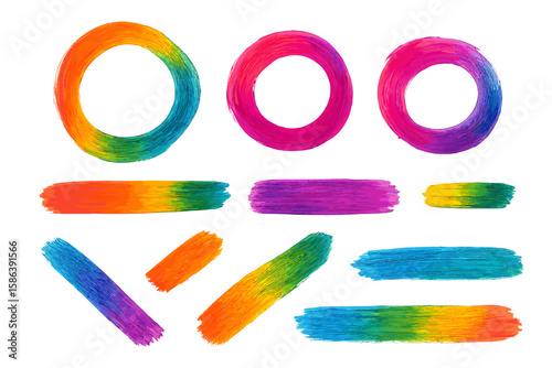 Vibrant Rainbow Brush Stroke Vector Set, Colorful Circular and Linear Paint Swatches, Abstract Artistic Texture, Bold Multicolor Pattern, Creative Background Elements for Modern Design Projects