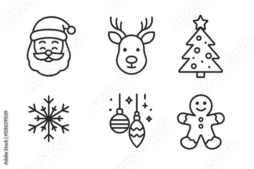 Christmas line icon set. Vector pictograms of Santa Claus, reindeer, tree, snowflake, gingerbread man, and holiday decorations. Thin linear festive illustration.