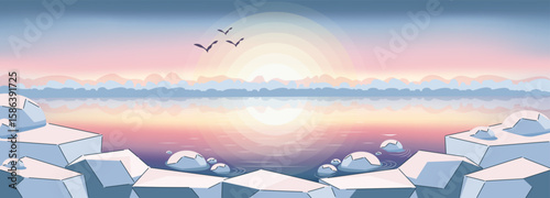 Polar Sunset. Arctic landscape. ice floes, sky reflection, mountains, birds. Atmosphere of calm and meditation. Ideal for nature, ecology, travel content