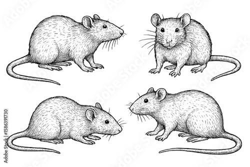 Rat illustration set, hand drawn vector sketch. Mouse animal collection in vintage engraving style. Detailed wildlife rodent, pest graphics for zoological design.