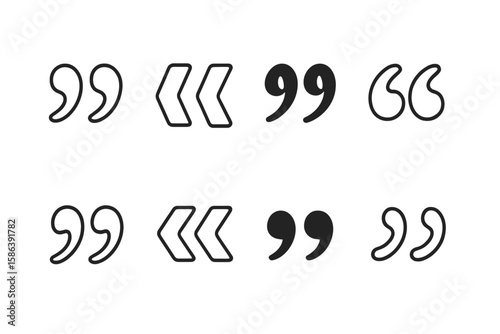 Quotation Marks Vector Set. Diverse Quotation Mark Styles. Outline and Solid Quote Symbols. Typography, Dialogue, Text Punctuation. Modern and Classic Quotation Mark Icons for Editorial Design.