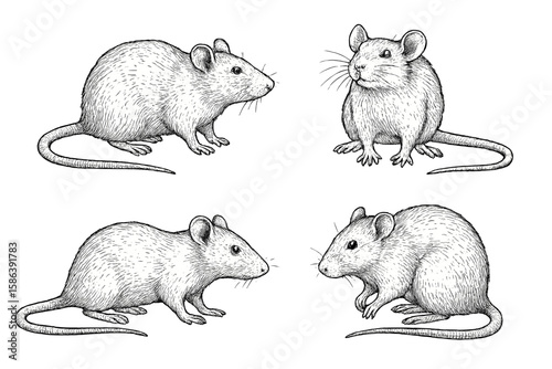 Hand-drawn rat illustration set. Vintage sketch of rodents. Black and white ink drawing of a mouse collection. Isolated vector for biology, zoology, or pest control design.