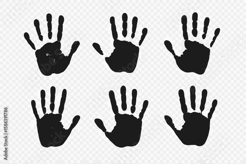 A versatile set of diverse handprint silhouettes. Vector illustration concept of human touch, palm impressions, and unity. Abstract print design with a grunge texture.