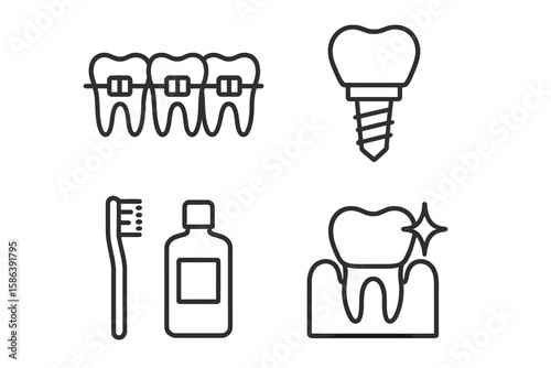 Dental care line icon set. Vector pictograms of braces, tooth implant, toothbrush, mouthwash. Oral hygiene, gum health, whitening treatment, and crown concepts.