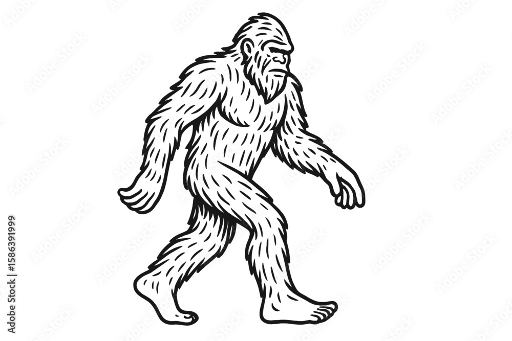 Obraz premium Bigfoot walking vector line art illustration. Sasquatch, a mythical creature from American folklore. Cryptozoology monster icon for mystery, paranormal, and wilderness themes.