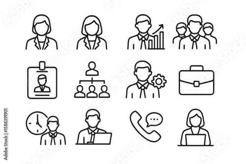 Employee line icon set. Business and office professional symbols. Corporate staff, management, human resources, team work, career growth. Vector illustration collection.