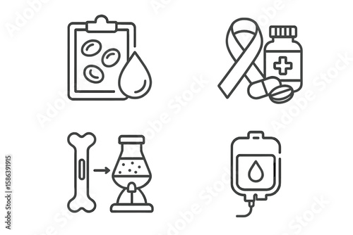 Anemia and blood disorder line icon set. Hematology vector pictograms. Medical icons of blood test, droplet, supplement, awareness ribbon, bone marrow, plasma, transfusion, lab.