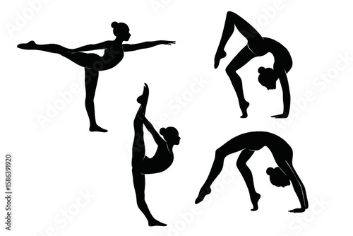 Dynamic Gymnast Silhouette Poses – Artistic Performance, Flexibility, Strength, Balance, Graceful Fitness, Sports Vector Illustration for Gymnastics, Dance, Acrobatic Training, Competition