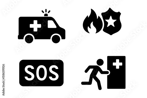 Emergency services icon set. Vector glyph pictograms of ambulance, fire, police, SOS, and evacuation. Symbols for safety, medical aid, law enforcement, and disaster response.