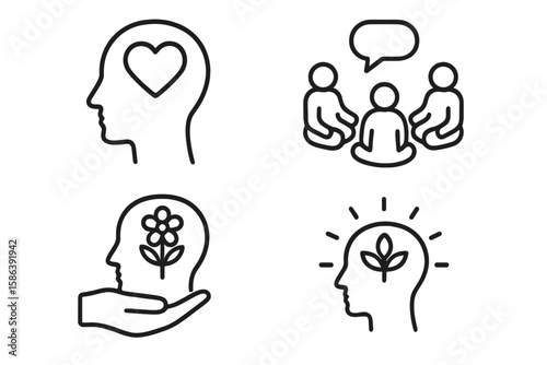 Mental health and wellness line icon set. Vector pictograms for well-being, group therapy, self-care, personal growth, support, positive thinking, meditation, psychology.