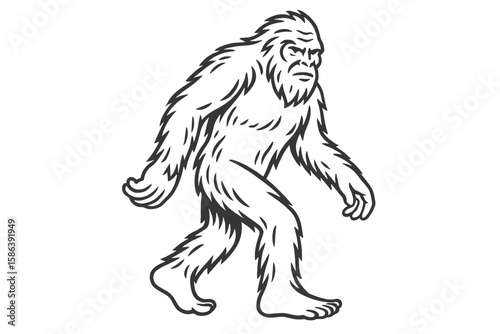 Bigfoot line art illustration. Sasquatch mythical creature for cryptozoology and mystery themes. Hairy ape man monster walking in wilderness. Vector icon logo for exploration.