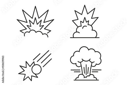 Explosion and blast line icon set. Vector pictograms of burst, detonation, impact, fireball, shockwave, meteor, and atomic bomb. Thin linear graphic element illustration.