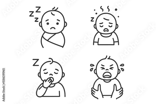 Baby sleep problems and tantrum line icon set. Vector pictograms of an infant awake, exhausted toddler, yawning, sleepless, crying and having a meltdown. Childcare.