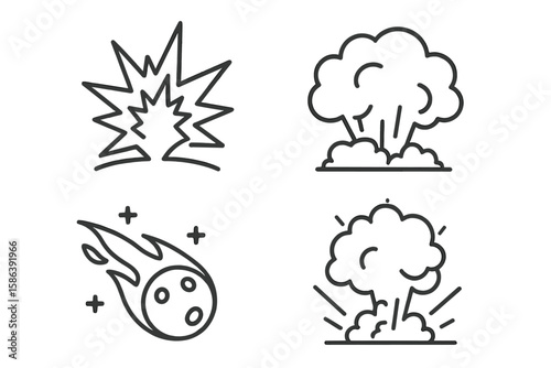 Explosion and blast line icon set. Vector pictograms of burst, detonation, impact, fireball, shockwave, meteor, atomic bomb, and chemical explosion. Thin linear illustration.