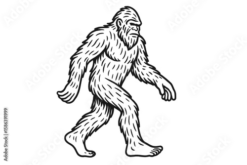 Bigfoot walking vector line art illustration. Sasquatch, a mythical creature from American folklore. Cryptozoology monster icon for mystery, paranormal, and wilderness themes.