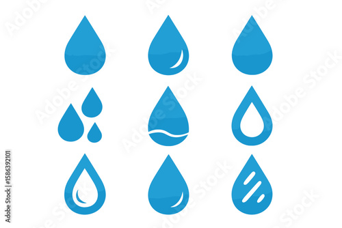 Water drop vector icon set. Blue liquid droplet graphic collection. Aqua, rain, oil, tear symbols. Purity, ecology, nature, hydration concept. Weather forecast element.