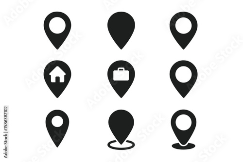 Map pin vector icon set. Black location markers and navigation symbols. GPS pointer for destination, address, and position. Home and business indicators for web design, apps.
