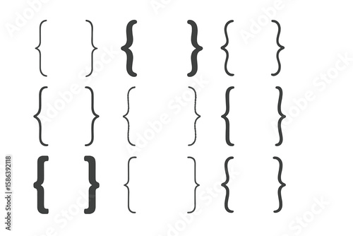 Collection of curly brace and bracket vector symbols in various styles. Graphic design elements for typography, text, and coding. Punctuation mark icon set for decoration.