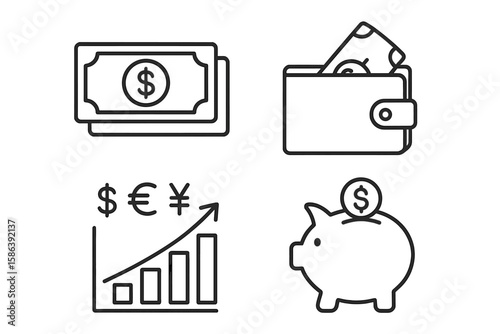 Finance and banking thin line icon set. Vector pictograms of money, wallet, investment chart, currency symbols, and piggy bank for financial services and economy.