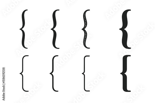 Bracket and braces symbols collection in various styles. Vector punctuation mark set for typography, text, quotation, and graphic design. Isolated curly brace icons.