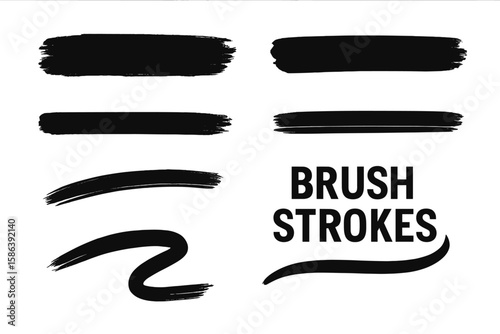 Black brush stroke vector set. Grunge paint, ink splash, and paintbrush stripes collection. Underline, highlight marker, and text swoosh design elements illustration.