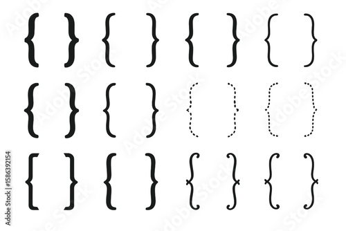 Vector collection of black curly braces and brackets in various hand-drawn styles. Graphic typography symbols for design. Decorative punctuation elements for text.